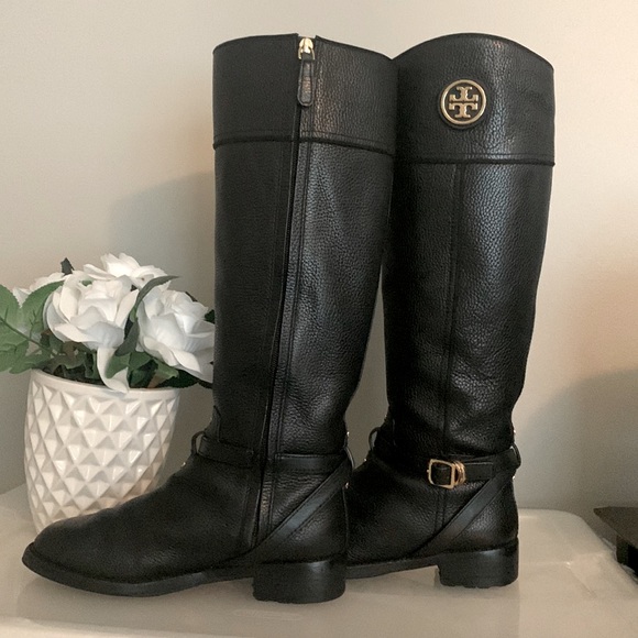 Tory Burch Teresa Logo Black Tumbled/Pebbled Leather Riding Boots - Picture 9 of 15
